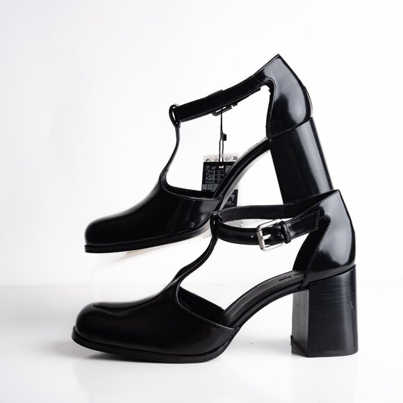 Massimo Dutti Womens Leather Heels Mary Janes Black US 9 EU 40 NWB 1414/450 - Picture 4 of 8